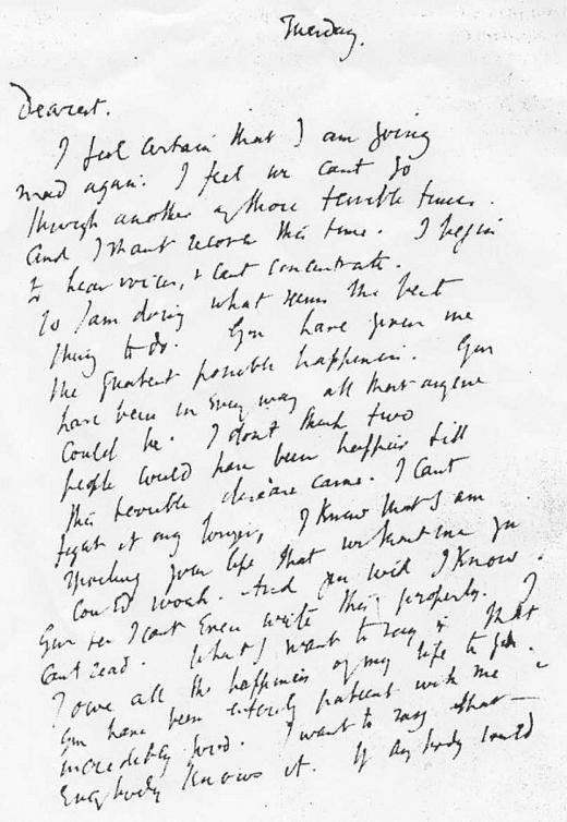 Foto della lettera che Virginia Woolf indirizza al marito prima di togliersi la vita. Immagine reperita nel web.